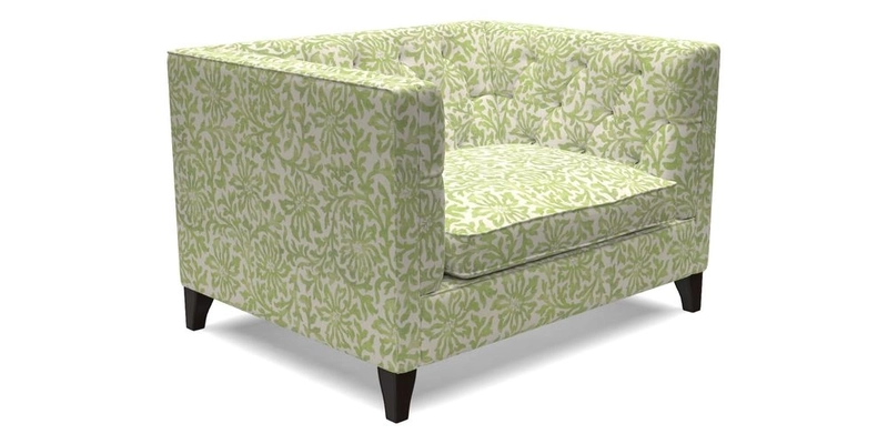 Haresfield Snuggler Dipped Arms in Mohair Lichen Seat Cushion in RHS Gertrude Jekyll Meadow Flower Olive and Scatters in RHS Gertrude Jekyll Folklore Olive