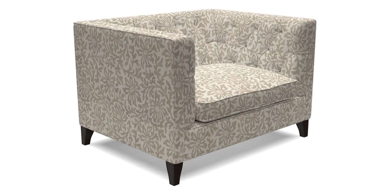 Haresfield Snuggler Dipped Arms in Mohair Lichen Seat Cushion in RHS Gertrude Jekyll Meadow Flower Olive and Scatters in RHS Gertrude Jekyll Folklore Olive