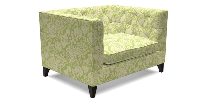 Haresfield Snuggler Dipped Arms in Mohair Lichen Seat Cushion in RHS Gertrude Jekyll Meadow Flower Olive and Scatters in RHS Gertrude Jekyll Folklore Olive