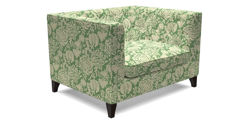 Haresfield Snuggler Dipped Arms in Mohair Lichen Seat Cushion in RHS Gertrude Jekyll Meadow Flower Olive and Scatters in RHS Gertrude Jekyll Folklore Olive