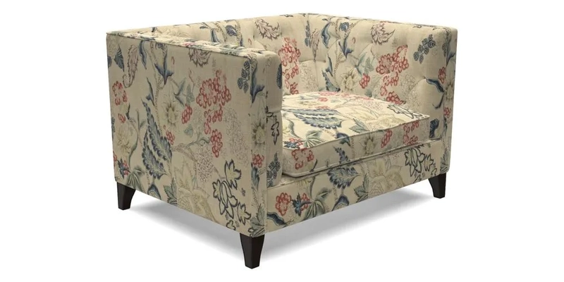 Haresfield Snuggler Dipped Arms in Mohair Lichen Seat Cushion in RHS Gertrude Jekyll Meadow Flower Olive and Scatters in RHS Gertrude Jekyll Folklore Olive