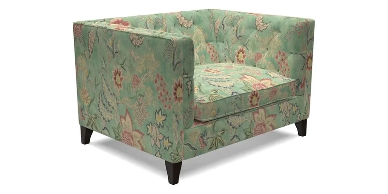 Haresfield Snuggler Dipped Arms in Mohair Lichen Seat Cushion in RHS Gertrude Jekyll Meadow Flower Olive and Scatters in RHS Gertrude Jekyll Folklore Olive