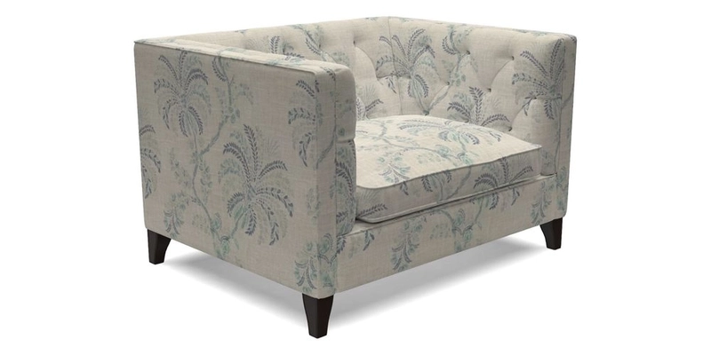 Haresfield Snuggler Dipped Arms in Mohair Lichen Seat Cushion in RHS Gertrude Jekyll Meadow Flower Olive and Scatters in RHS Gertrude Jekyll Folklore Olive