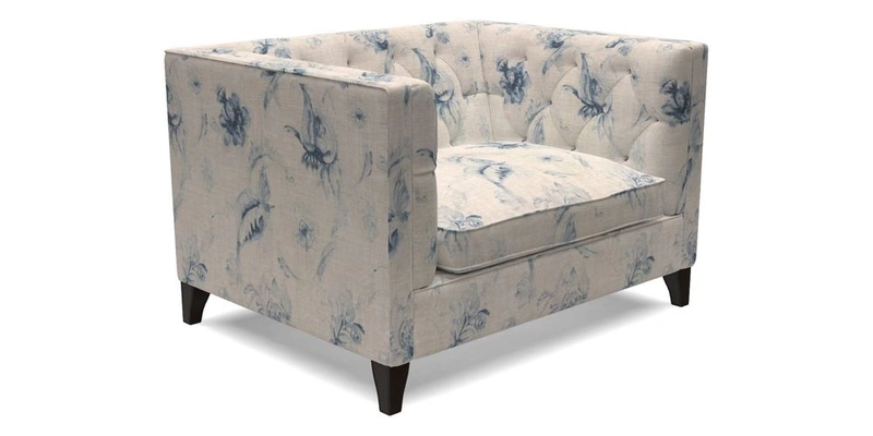 Haresfield Snuggler Dipped Arms in Mohair Lichen Seat Cushion in RHS Gertrude Jekyll Meadow Flower Olive and Scatters in RHS Gertrude Jekyll Folklore Olive