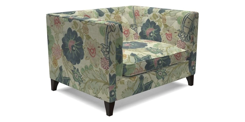 Haresfield Snuggler Dipped Arms in Mohair Lichen Seat Cushion in RHS Gertrude Jekyll Meadow Flower Olive and Scatters in RHS Gertrude Jekyll Folklore Olive