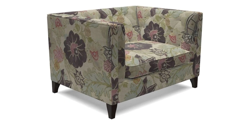 Haresfield Snuggler Dipped Arms in Mohair Lichen Seat Cushion in RHS Gertrude Jekyll Meadow Flower Olive and Scatters in RHS Gertrude Jekyll Folklore Olive