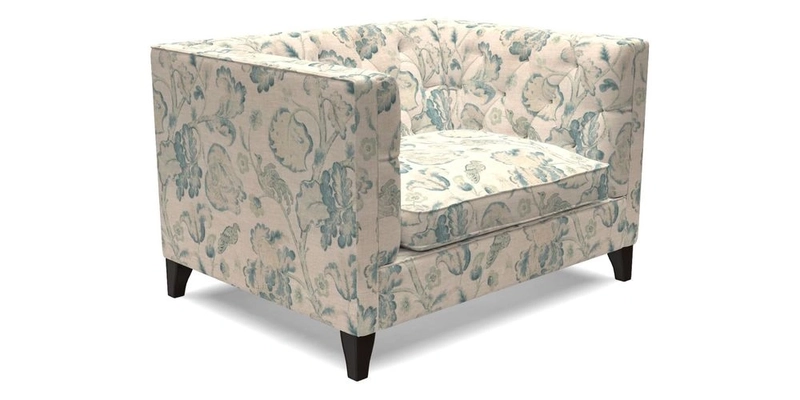 Haresfield Snuggler Dipped Arms in Mohair Lichen Seat Cushion in RHS Gertrude Jekyll Meadow Flower Olive and Scatters in RHS Gertrude Jekyll Folklore Olive