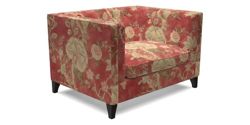 Haresfield Snuggler Dipped Arms in Mohair Lichen Seat Cushion in RHS Gertrude Jekyll Meadow Flower Olive and Scatters in RHS Gertrude Jekyll Folklore Olive