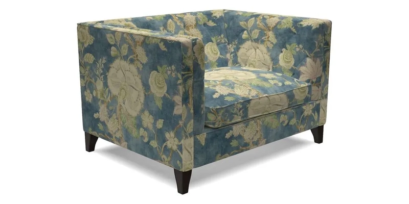 Haresfield Snuggler Dipped Arms in Mohair Lichen Seat Cushion in RHS Gertrude Jekyll Meadow Flower Olive and Scatters in RHS Gertrude Jekyll Folklore Olive