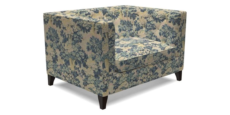 Haresfield Snuggler Dipped Arms in Mohair Lichen Seat Cushion in RHS Gertrude Jekyll Meadow Flower Olive and Scatters in RHS Gertrude Jekyll Folklore Olive