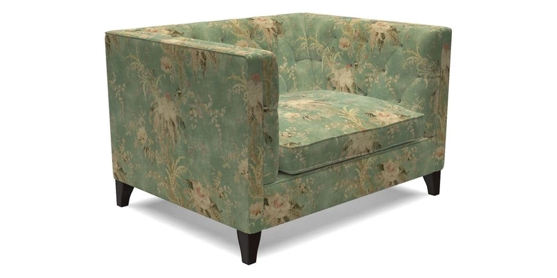 Haresfield Snuggler Dipped Arms in Mohair Lichen Seat Cushion in RHS Gertrude Jekyll Meadow Flower Olive and Scatters in RHS Gertrude Jekyll Folklore Olive