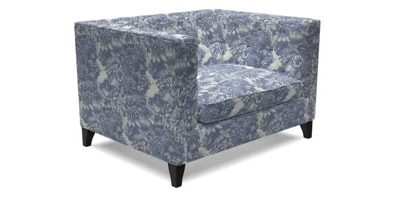 Haresfield Snuggler Dipped Arms in Mohair Lichen Seat Cushion in RHS Gertrude Jekyll Meadow Flower Olive and Scatters in RHS Gertrude Jekyll Folklore Olive