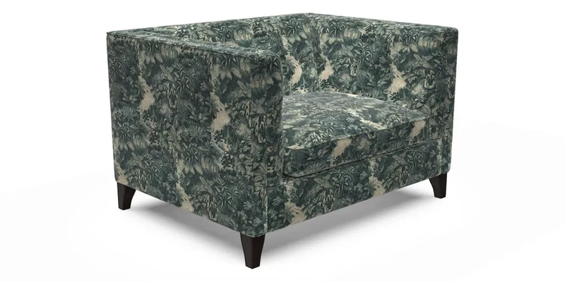 Haresfield Snuggler Dipped Arms in Mohair Lichen Seat Cushion in RHS Gertrude Jekyll Meadow Flower Olive and Scatters in RHS Gertrude Jekyll Folklore Olive