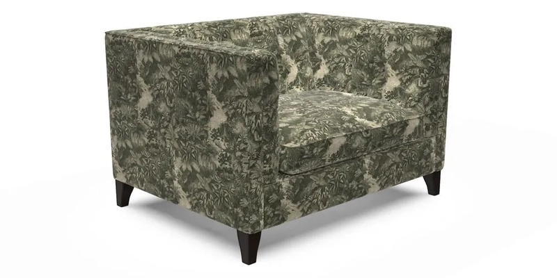 Haresfield Snuggler Dipped Arms in Mohair Lichen Seat Cushion in RHS Gertrude Jekyll Meadow Flower Olive and Scatters in RHS Gertrude Jekyll Folklore Olive