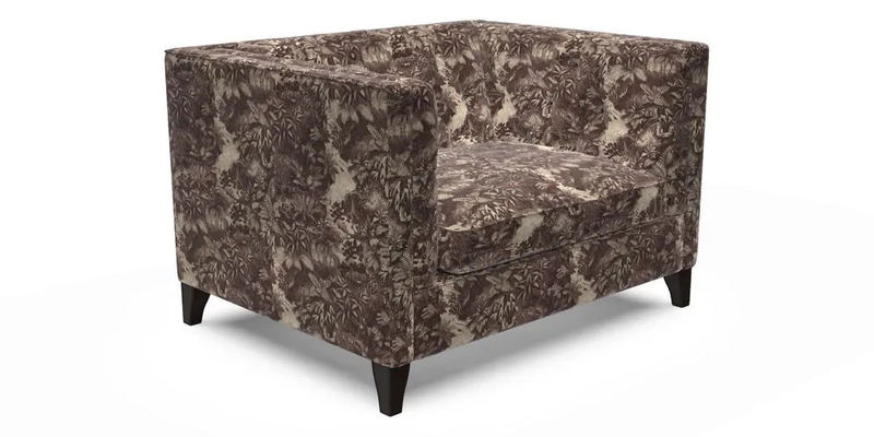 Haresfield Snuggler Dipped Arms in Mohair Lichen Seat Cushion in RHS Gertrude Jekyll Meadow Flower Olive and Scatters in RHS Gertrude Jekyll Folklore Olive