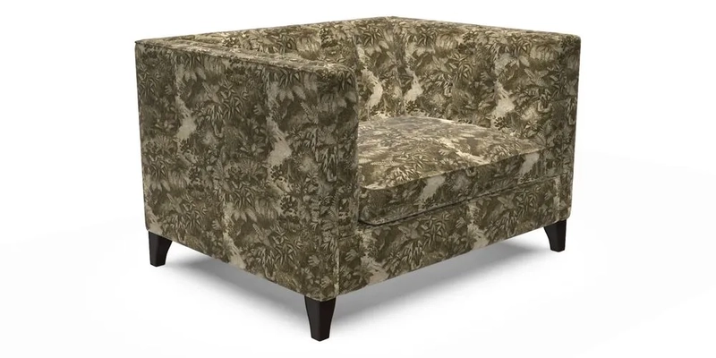 Haresfield Snuggler Dipped Arms in Mohair Lichen Seat Cushion in RHS Gertrude Jekyll Meadow Flower Olive and Scatters in RHS Gertrude Jekyll Folklore Olive