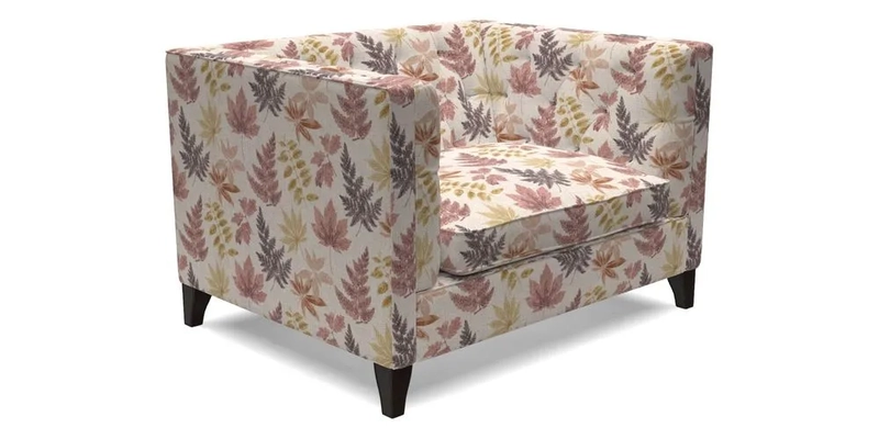 Haresfield Snuggler Dipped Arms in Mohair Lichen Seat Cushion in RHS Gertrude Jekyll Meadow Flower Olive and Scatters in RHS Gertrude Jekyll Folklore Olive