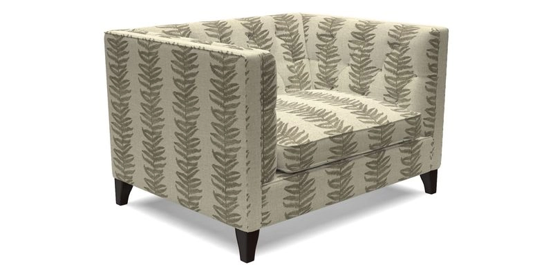 Haresfield Snuggler Dipped Arms in Mohair Lichen Seat Cushion in RHS Gertrude Jekyll Meadow Flower Olive and Scatters in RHS Gertrude Jekyll Folklore Olive