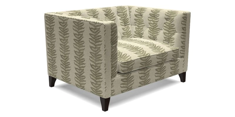 Haresfield Snuggler Dipped Arms in Mohair Lichen Seat Cushion in RHS Gertrude Jekyll Meadow Flower Olive and Scatters in RHS Gertrude Jekyll Folklore Olive