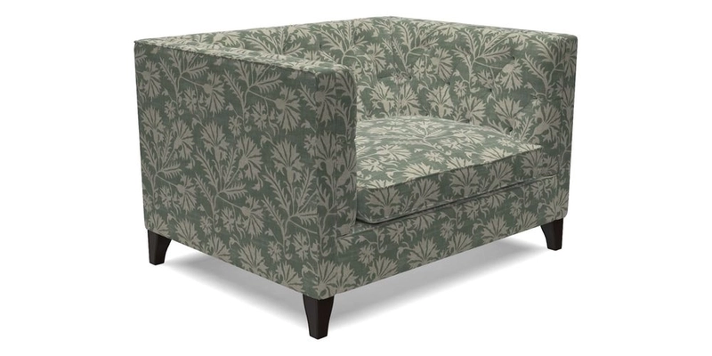 Haresfield Snuggler Dipped Arms in Mohair Lichen Seat Cushion in RHS Gertrude Jekyll Meadow Flower Olive and Scatters in RHS Gertrude Jekyll Folklore Olive