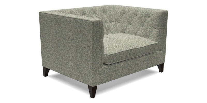 Haresfield Snuggler Dipped Arms in Mohair Lichen Seat Cushion in RHS Gertrude Jekyll Meadow Flower Olive and Scatters in RHS Gertrude Jekyll Folklore Olive