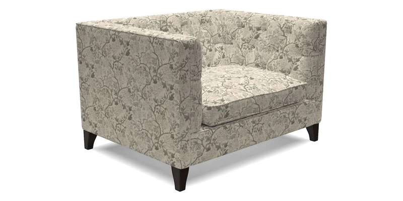 Haresfield Snuggler Dipped Arms in Mohair Lichen Seat Cushion in RHS Gertrude Jekyll Meadow Flower Olive and Scatters in RHS Gertrude Jekyll Folklore Olive