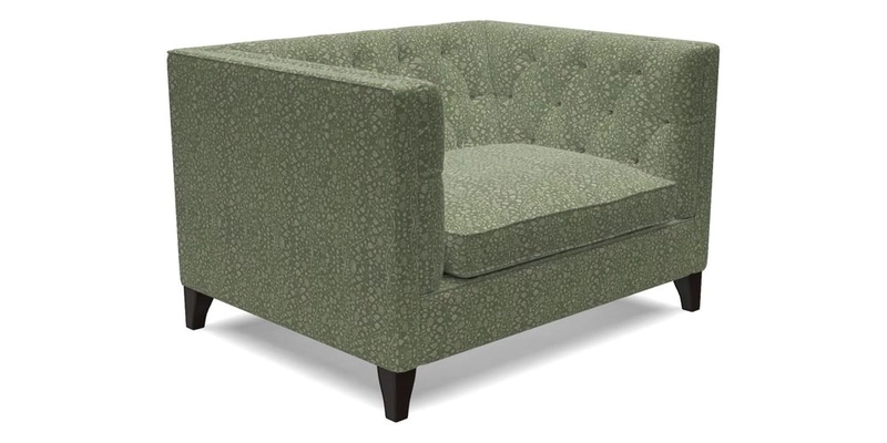 Haresfield Snuggler Dipped Arms in Mohair Lichen Seat Cushion in RHS Gertrude Jekyll Meadow Flower Olive and Scatters in RHS Gertrude Jekyll Folklore Olive