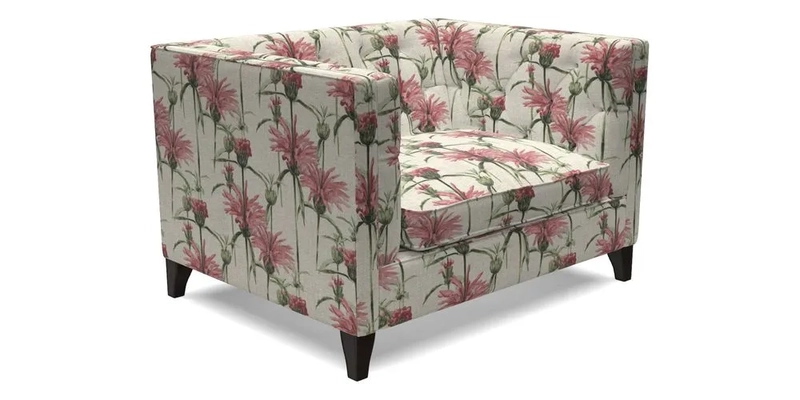 Haresfield Snuggler Dipped Arms in Mohair Lichen Seat Cushion in RHS Gertrude Jekyll Meadow Flower Olive and Scatters in RHS Gertrude Jekyll Folklore Olive