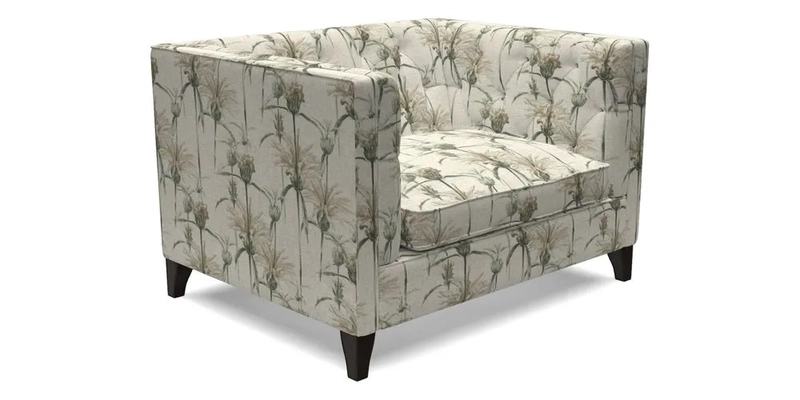 Haresfield Snuggler Dipped Arms in Mohair Lichen Seat Cushion in RHS Gertrude Jekyll Meadow Flower Olive and Scatters in RHS Gertrude Jekyll Folklore Olive