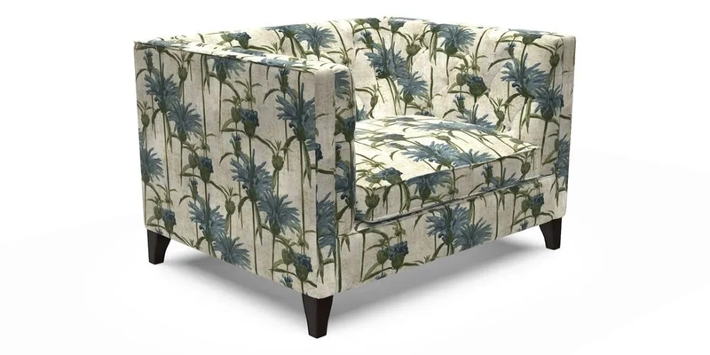 Haresfield Snuggler Dipped Arms in Mohair Lichen Seat Cushion in RHS Gertrude Jekyll Meadow Flower Olive and Scatters in RHS Gertrude Jekyll Folklore Olive