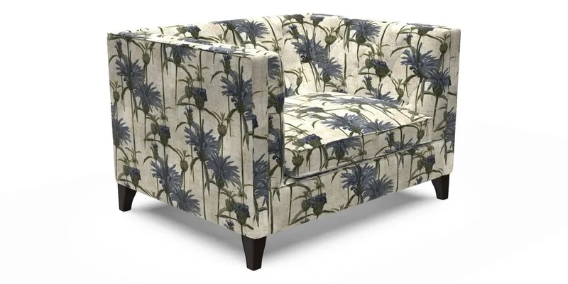 Haresfield Snuggler Dipped Arms in Mohair Lichen Seat Cushion in RHS Gertrude Jekyll Meadow Flower Olive and Scatters in RHS Gertrude Jekyll Folklore Olive