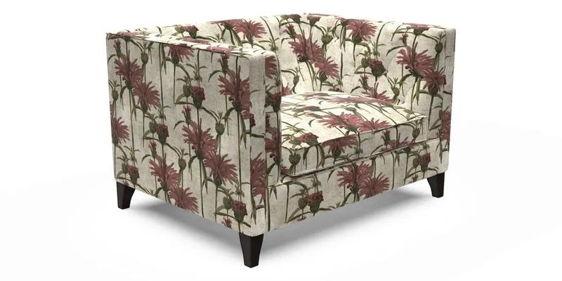 Haresfield Snuggler Dipped Arms in Mohair Lichen Seat Cushion in RHS Gertrude Jekyll Meadow Flower Olive and Scatters in RHS Gertrude Jekyll Folklore Olive