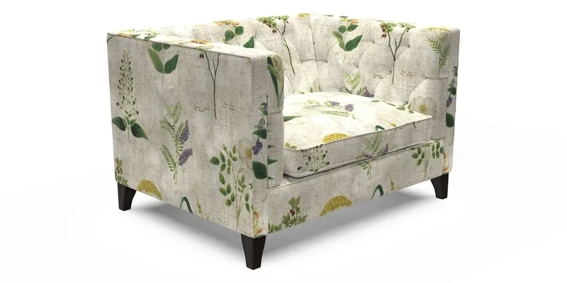 Haresfield Snuggler Dipped Arms in Mohair Lichen Seat Cushion in RHS Gertrude Jekyll Meadow Flower Olive and Scatters in RHS Gertrude Jekyll Folklore Olive