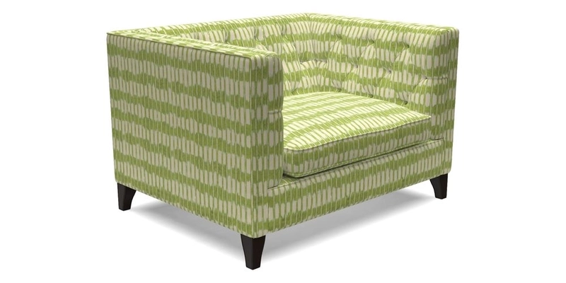 Haresfield Snuggler Dipped Arms in Mohair Lichen Seat Cushion in RHS Gertrude Jekyll Meadow Flower Olive and Scatters in RHS Gertrude Jekyll Folklore Olive