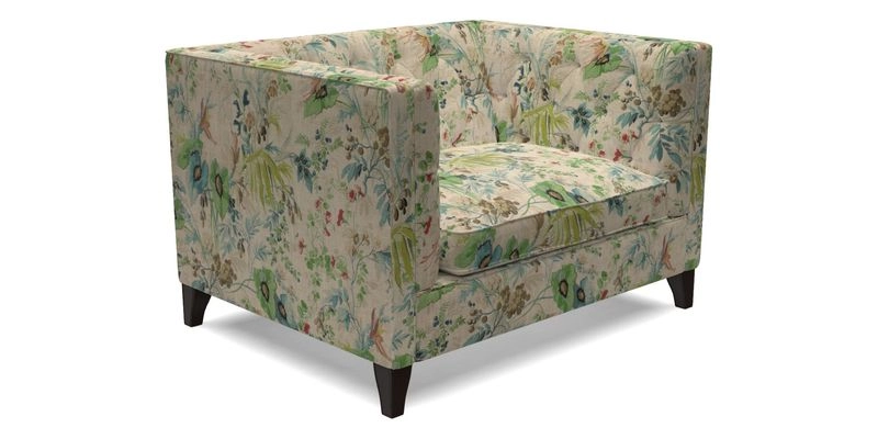 Haresfield Snuggler Dipped Arms in Mohair Lichen Seat Cushion in RHS Gertrude Jekyll Meadow Flower Olive and Scatters in RHS Gertrude Jekyll Folklore Olive