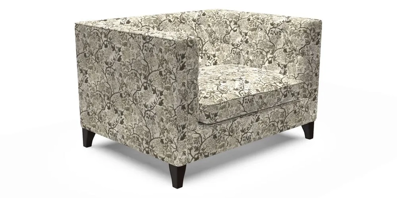 Haresfield Snuggler Dipped Arms in Mohair Lichen Seat Cushion in RHS Gertrude Jekyll Meadow Flower Olive and Scatters in RHS Gertrude Jekyll Folklore Olive