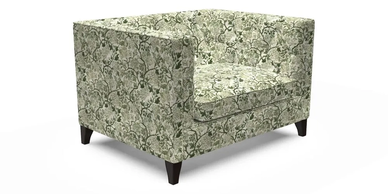 Haresfield Snuggler Dipped Arms in Mohair Lichen Seat Cushion in RHS Gertrude Jekyll Meadow Flower Olive and Scatters in RHS Gertrude Jekyll Folklore Olive