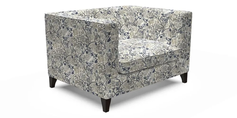 Haresfield Snuggler Dipped Arms in Mohair Lichen Seat Cushion in RHS Gertrude Jekyll Meadow Flower Olive and Scatters in RHS Gertrude Jekyll Folklore Olive