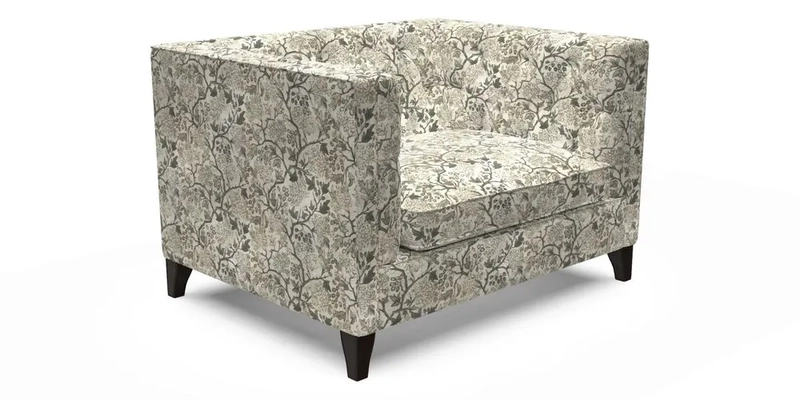 Haresfield Snuggler Dipped Arms in Mohair Lichen Seat Cushion in RHS Gertrude Jekyll Meadow Flower Olive and Scatters in RHS Gertrude Jekyll Folklore Olive