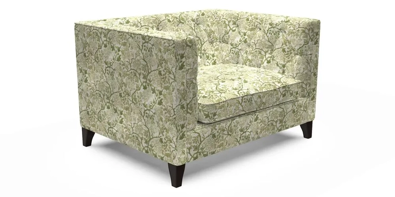 Haresfield Snuggler Dipped Arms in Mohair Lichen Seat Cushion in RHS Gertrude Jekyll Meadow Flower Olive and Scatters in RHS Gertrude Jekyll Folklore Olive