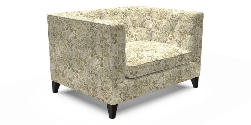 Haresfield Snuggler Dipped Arms in Mohair Lichen Seat Cushion in RHS Gertrude Jekyll Meadow Flower Olive and Scatters in RHS Gertrude Jekyll Folklore Olive