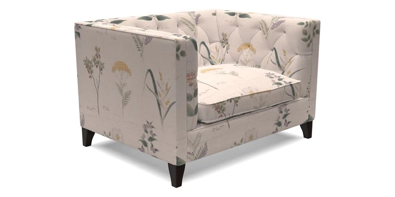 Haresfield Snuggler Dipped Arms in Mohair Lichen Seat Cushion in RHS Gertrude Jekyll Meadow Flower Olive and Scatters in RHS Gertrude Jekyll Folklore Olive