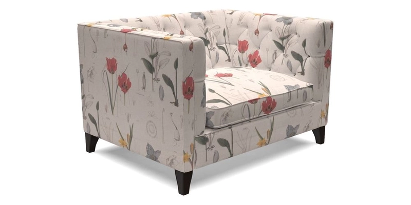 Haresfield Snuggler Dipped Arms in Mohair Lichen Seat Cushion in RHS Gertrude Jekyll Meadow Flower Olive and Scatters in RHS Gertrude Jekyll Folklore Olive