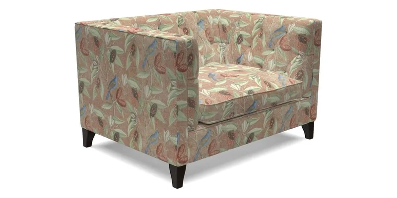 Haresfield Snuggler Dipped Arms in Mohair Lichen Seat Cushion in RHS Gertrude Jekyll Meadow Flower Olive and Scatters in RHS Gertrude Jekyll Folklore Olive