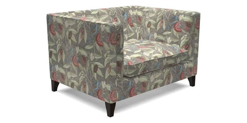 Haresfield Snuggler Dipped Arms in Mohair Lichen Seat Cushion in RHS Gertrude Jekyll Meadow Flower Olive and Scatters in RHS Gertrude Jekyll Folklore Olive