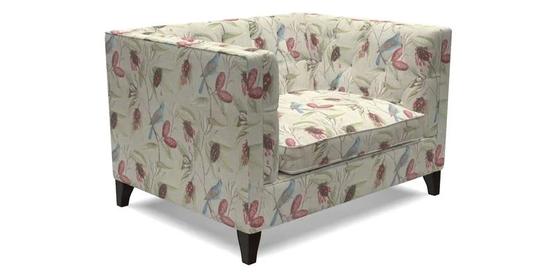 Haresfield Snuggler Dipped Arms in Mohair Lichen Seat Cushion in RHS Gertrude Jekyll Meadow Flower Olive and Scatters in RHS Gertrude Jekyll Folklore Olive