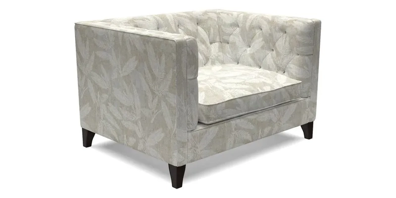 Haresfield Snuggler Dipped Arms in Mohair Lichen Seat Cushion in RHS Gertrude Jekyll Meadow Flower Olive and Scatters in RHS Gertrude Jekyll Folklore Olive