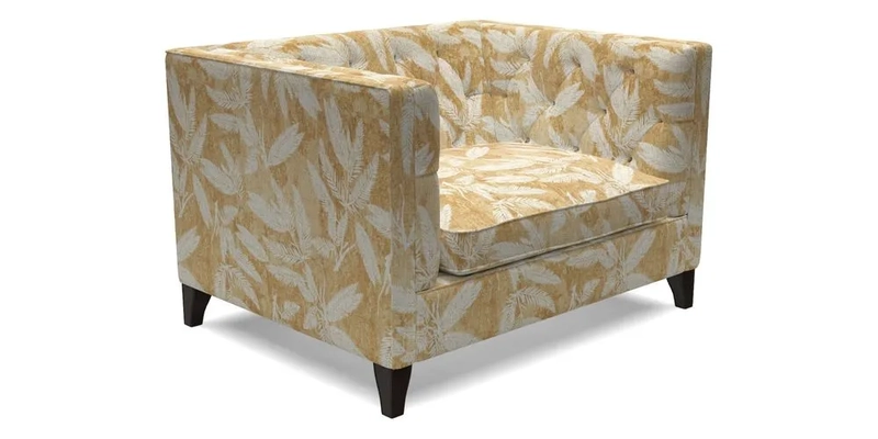 Haresfield Snuggler Dipped Arms in Mohair Lichen Seat Cushion in RHS Gertrude Jekyll Meadow Flower Olive and Scatters in RHS Gertrude Jekyll Folklore Olive