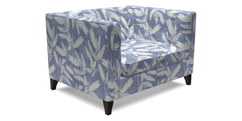 Haresfield Snuggler Dipped Arms in Mohair Lichen Seat Cushion in RHS Gertrude Jekyll Meadow Flower Olive and Scatters in RHS Gertrude Jekyll Folklore Olive