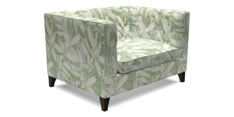 Haresfield Snuggler Dipped Arms in Mohair Lichen Seat Cushion in RHS Gertrude Jekyll Meadow Flower Olive and Scatters in RHS Gertrude Jekyll Folklore Olive